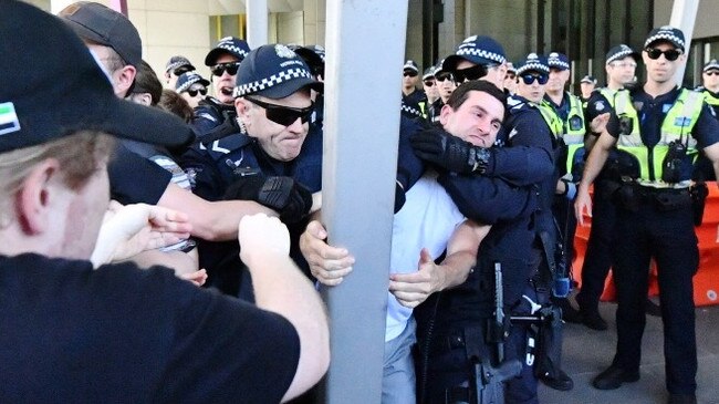 Climate Change protesters blockade the IMARC conference at the Melbourne Exhibition Centre. Picture: Jake Nowakowski