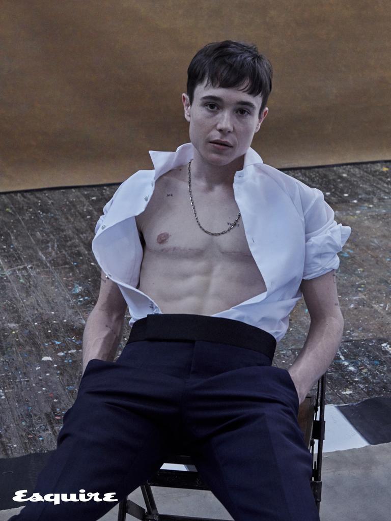 Elliot Page appears shirtless in the photo shoot. Picture: Ruven Afanador/Esquire