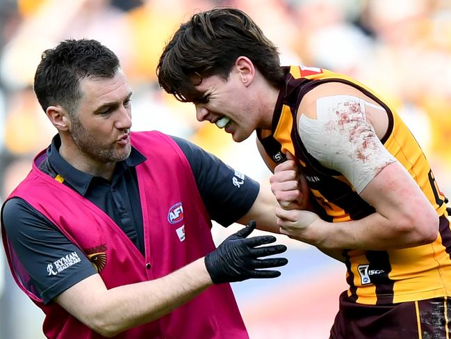 Day was immediately in pain. Picture: Josh Chadwick/AFL Photos