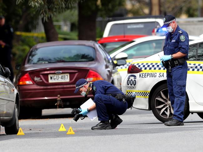 16.9.2019.Police at Orsmond St, Hindmarsh,Adelaide where are man was shot in the leg after an altercation with two men and then had his rental car stolen and dumped in nearby Bowden.  PIC TAIT SCHMAAL.