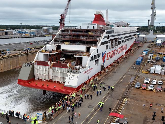 Spirit of Tasmania V, has been officially named and launched at a traditional ceremony at shipbuilder Rauma Marine Constructionsâ (RMC) yards in Finland. Governor of Tasmania, Her Excellency the Honourable Barbara Baker AC. Picture: Supplied