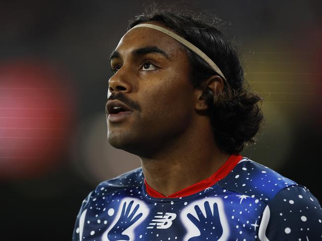 MELBOURNE, AUSTRALIA - MAY 21: Kysaiah Pickett of the Demons looks on during the round 10 AFL match between the North Melbourne Kangaroos and the Melbourne Demons at Marvel Stadium on May 21, 2022 in Melbourne, Australia. (Photo by Mike Owen/AFL Photos/via Getty Images)