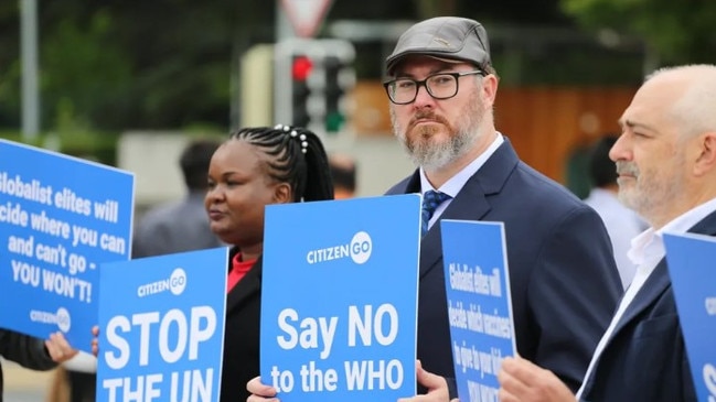 George Christensen posted this photo of himself protesting a Pandemic Treaty by the WHO in Geneva, Switzerland on June 19, 2024 to his 'Nation First' substack page. Picture: George Christensen/Nation First