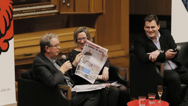 UTAS Forum. Managing the rise of Airbnb in Tasmania forum held at the Stanley Burbury Theatre. (L-R) Professor Peter Phibbs, of the University of Sydney, Dr Anne Hardy, of the University of Tasmania, Tourism Industry Council of Tasmania chief executive Luke Martin. PIC: MATT THOMPSON