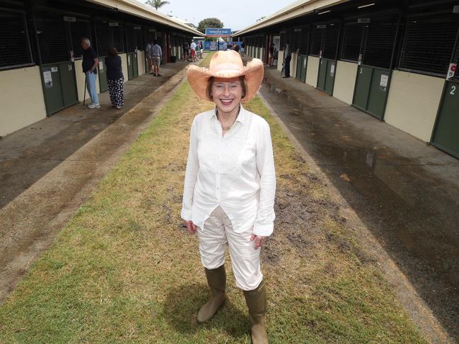 Gai Waterhouse broke out the gumboots at a sodden Magic Millions saleyards . Picture Glenn Hampson