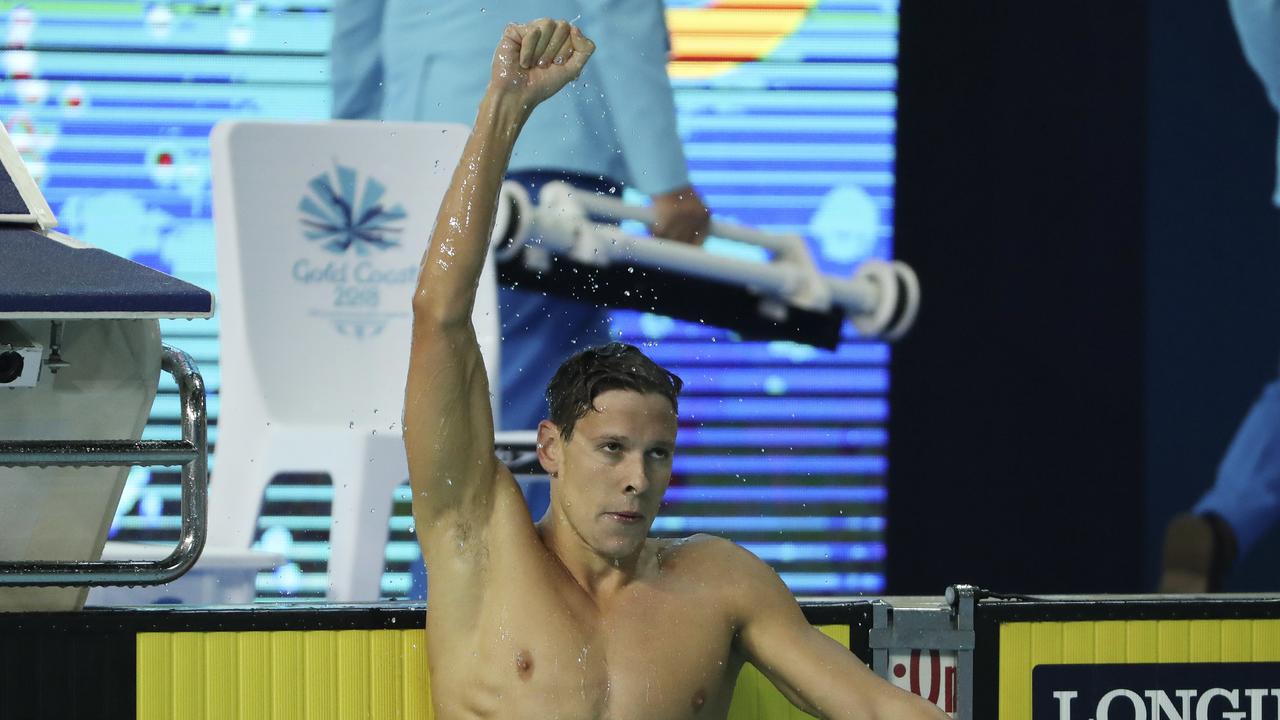 Australia's Mitch Larkin celebrates after winning gold in the men's 200m backstroke final.