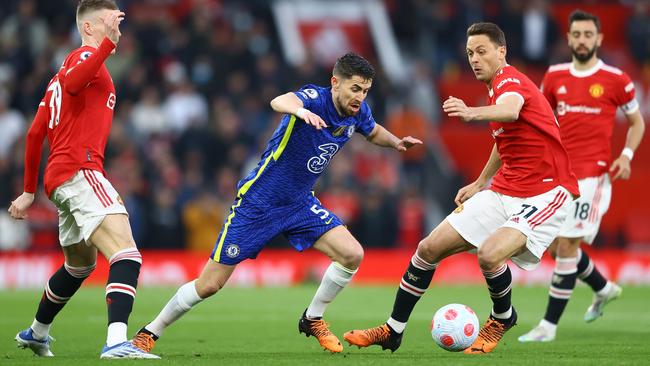 Chelsea’s Jorginho of Chelsea cuts between Nemanja Matic, right, and Scott McTominay of Manchester United at Old Trafford last week. Picture: Getty Images