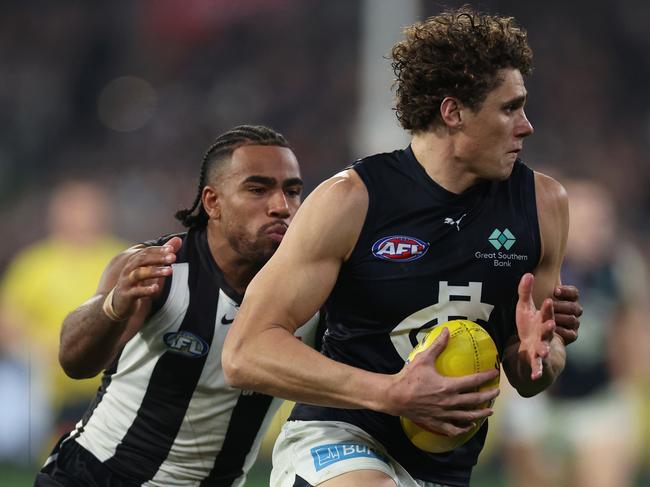 Charlie Curnow didn’t have his best night against the Pies. Picture: Daniel Pockett/Getty Images