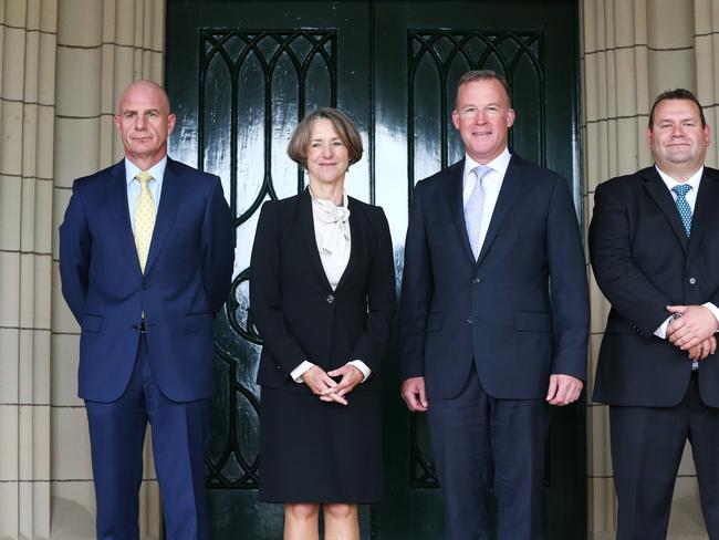 L-R Treasurer Peter Gutwein who has picked up the Forestry portfolio, Tasmanian Governor Kate Warner, Tasmanian Premier Will Hodgman, new Minister for Mining, Building and Construction along with Racing Adam Brooks. Swearing in at Government House of new ministry positions in the Tasmanian government. Picture: NIKKI DAVIS-JONES