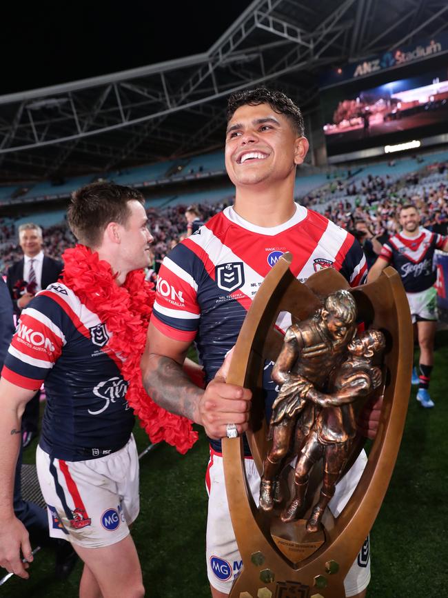 Latrell Mitchell celebrates the 2019 NRL premiership. (Photo by Matt King/Getty Images)