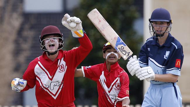 L to R: St George's wicketkeeper Llewellyn Wylie and Anoop Bawa appeal after Wylie caught Sutherland's Ryan Owers off the bowling of St George spinner Jackson Ingram. Green Shield Cricket Round 2. St George v Sutherland at Glenn McGrath Oval. Picture: John Appleyard