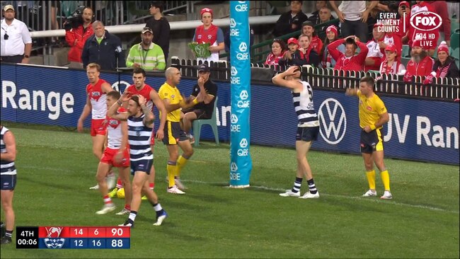 Jeremy Cameron reacts after he wasn’t paid a mark in the final 10 seconds close to goal. Picture: Fox Footy