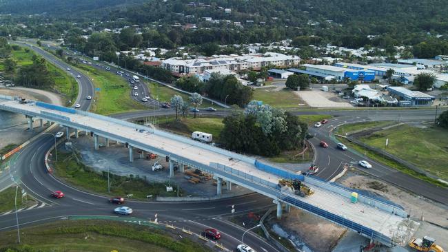 Aerial view of construction roadworks of the northern end of the Smithfield bypass road and overpass flyover at the McGregor Road roundabout, Smithfield. PICTURE: Brendan Radke