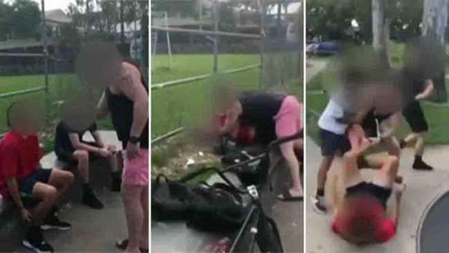 This is the moment a father confronts and allegedly chokes a 14-year-old boy he accuses of bullying his stepdaughter. Picture: 7 News