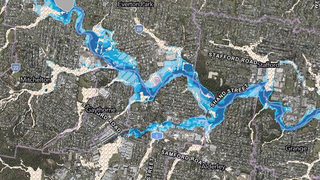 The updated flood map showing different flood risk levels (light to dark blue) along the Kedron Brook catchment. Image: Brisbane City Council