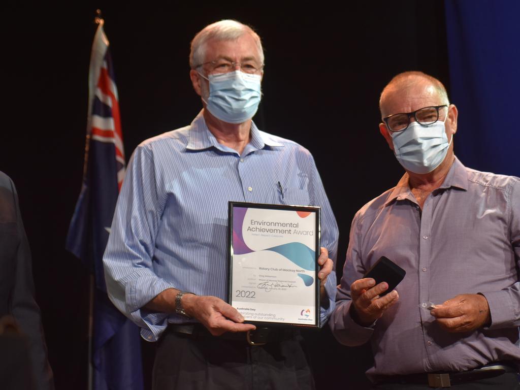 Larry Slattery and Dan Davis accepting the Environmental Achievement Award on behalf of the Rotary Club of Mackay North at the Mackay Australia Day awards at the MECC on January 25, 2022. Picture: Lillian Watkins