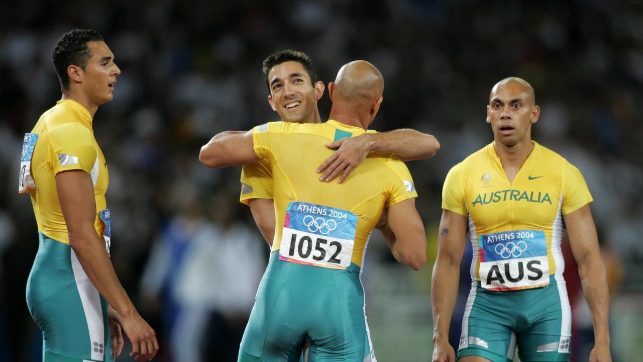 Patrick Johnson (right) at the 2004 Athens Olympics with teammates Adam Basil, Paul di Bella and Joshua Ross.