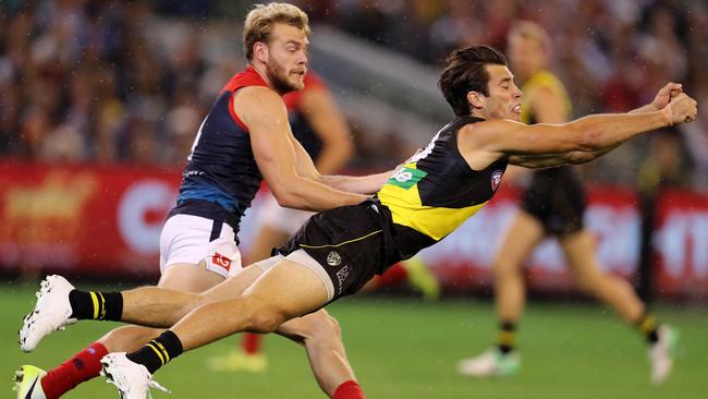 Alex Rance makes a flying spoil against Melbourne. Picture: Michael Klein