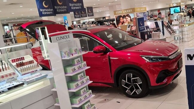 An electric vehicle crash at the Liverpool Westfield shopping centre in Sydney put two men in hospital on March 16, 2024. Picture: 9News