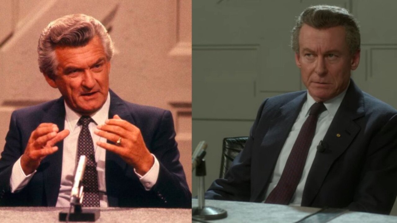 Former Prime Minister Bob Hawke (left) and Richard Roxburgh in The Crown. Picture: 4 Corners