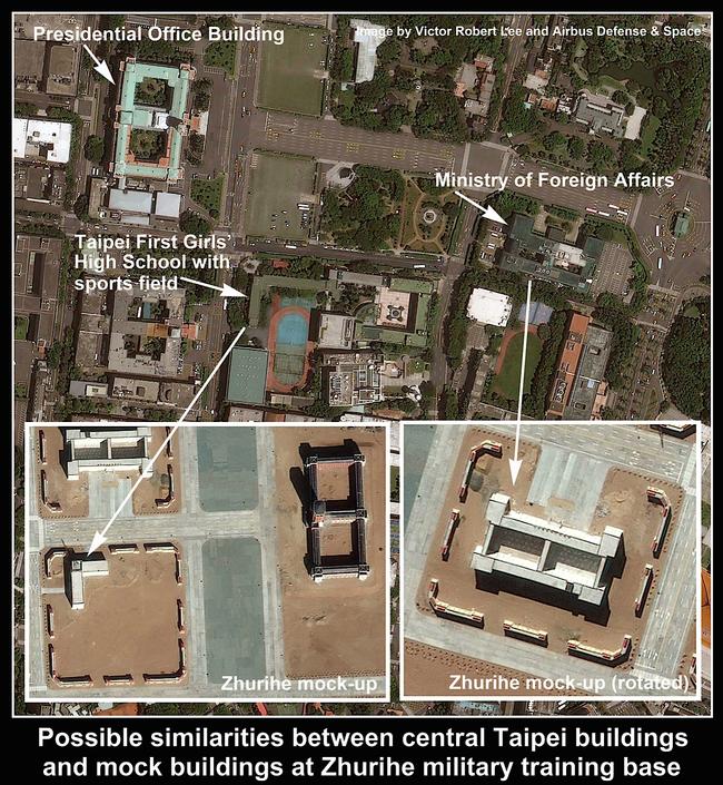 Satellite images show the construction of replicas of key Taiwanese buildings and infrastructure in a Chinese training camp. Picture: The Diplomat