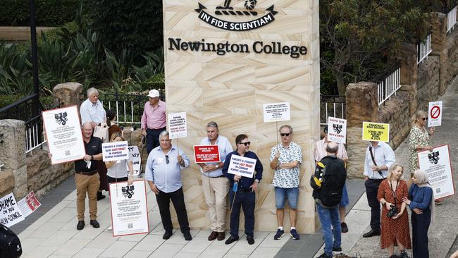 Parents protesting coeducation outside Newington College in Stanmore on the first day of the 2024 school year. Picture: Richard Dobson