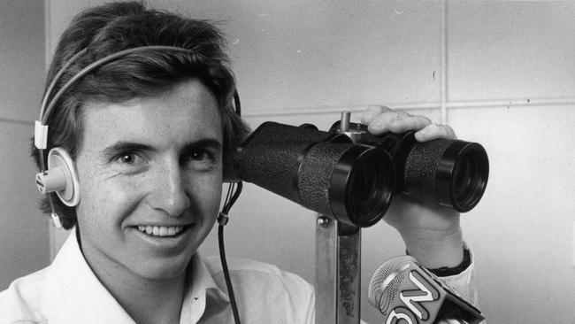 TV presenter and radio announcer Bruce McAvaney with binoculars and 5DN microphone in his role as a horseracing commentator in 1979.