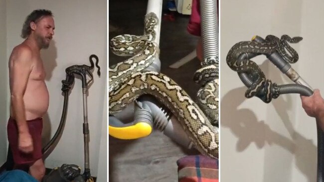 A Brisbane man removes a python wrapped around a vacuum cleaner while he wife watches on.