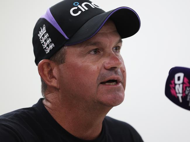 BRIDGETOWN, BARBADOS - JUNE 04: Matthew Mott, Head Coach of England pictured during a press conference after the ICC Men's T20 Cricket World Cup West Indies & USA 2024 match between England  and Scotland at  Kensington Oval on June 04, 2024 in Bridgetown, Barbados. (Photo by Matthew Lewis-ICC/ICC via Getty Images)