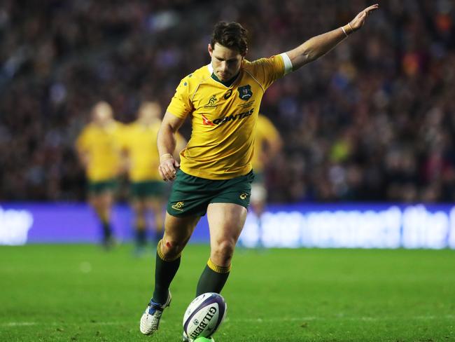 Bernard Foley kicks the winning penalty against Scotland in the quarter-finals of the 2015 Rugby World Cup.