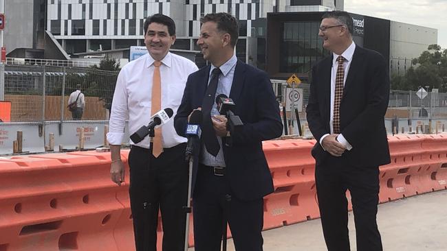 Parramatta MP Geoff Lee, Transport Minister Andrew Constance and Seven Hills MP Mark Taylor at Westmead to announce tracks being laid for the Parramatta Light Rail.