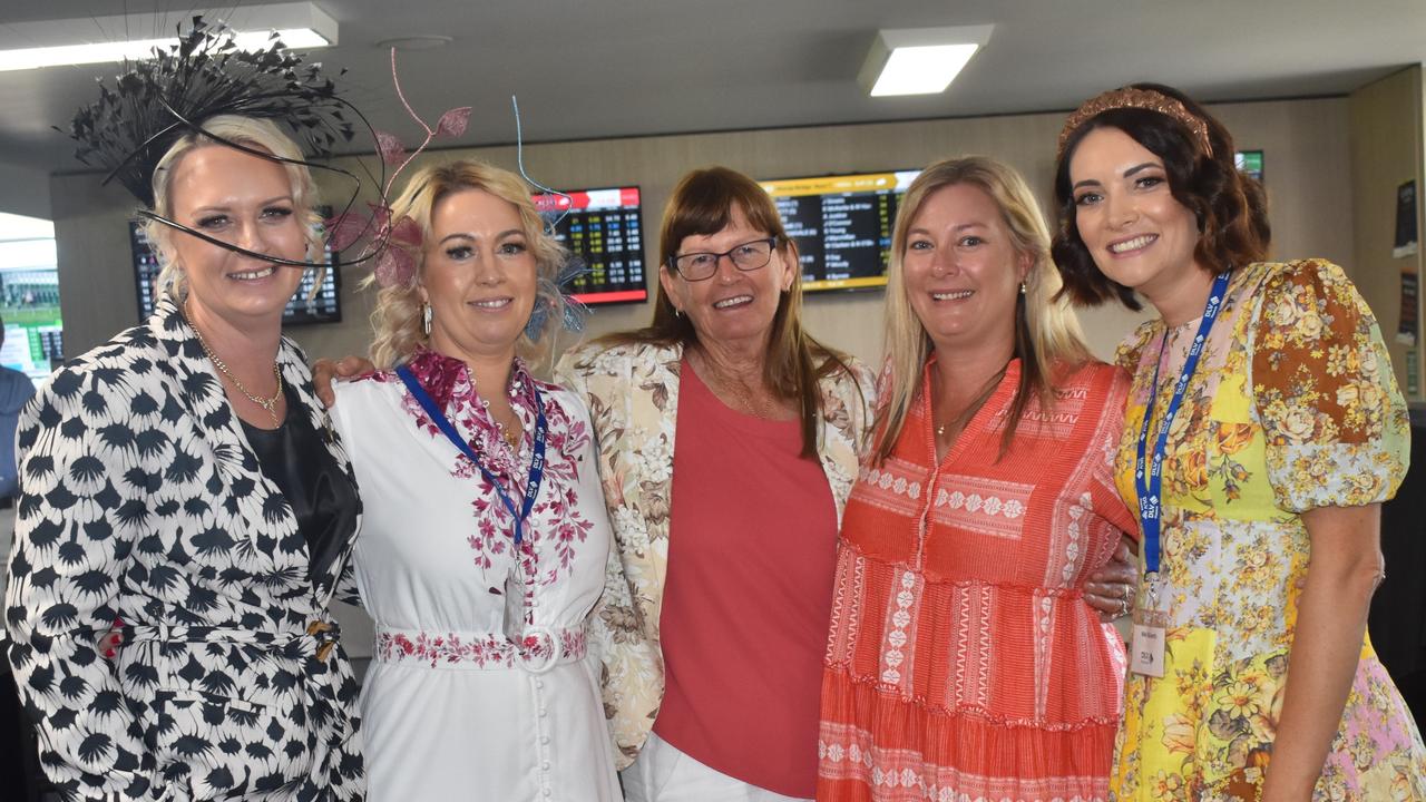 Sandy Ryan, Bridget Newman, Wendy Cole, Tara Reid and Mel Roberts at the Rockhampton Cup race meeting at Callaghan Park on July 13, 2024.