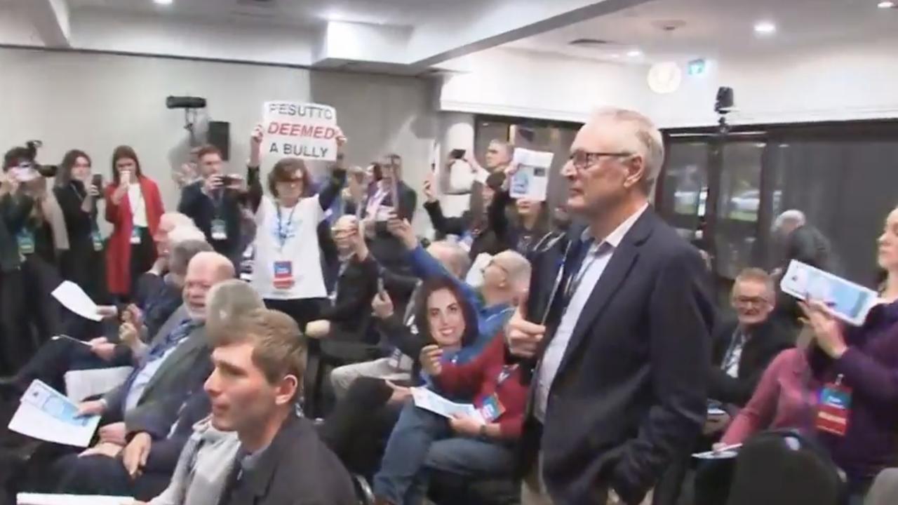 Victorian Liberal leader John Pesutto was heckled at a party gathering in Bendigo over the expulsion of Moira Deeming. She has threatened a second defamation action. Picture: Sky News