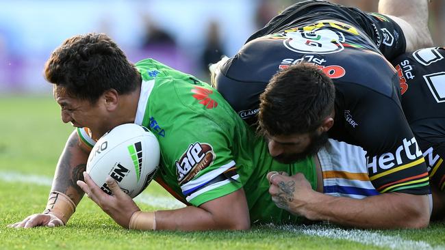 Joshua Papalii scores a try for the Raiders. Picture: AAP