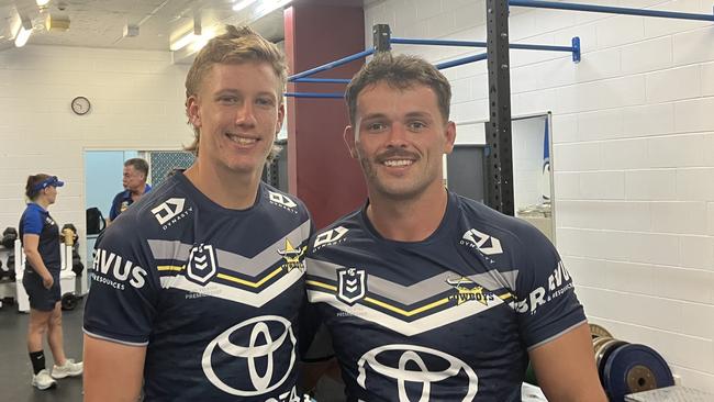 Mackay pair Jaxon Purdue and Sean Mullany pictured after representing their first game in Cowboys colours. Picture: Mitch Bourke.