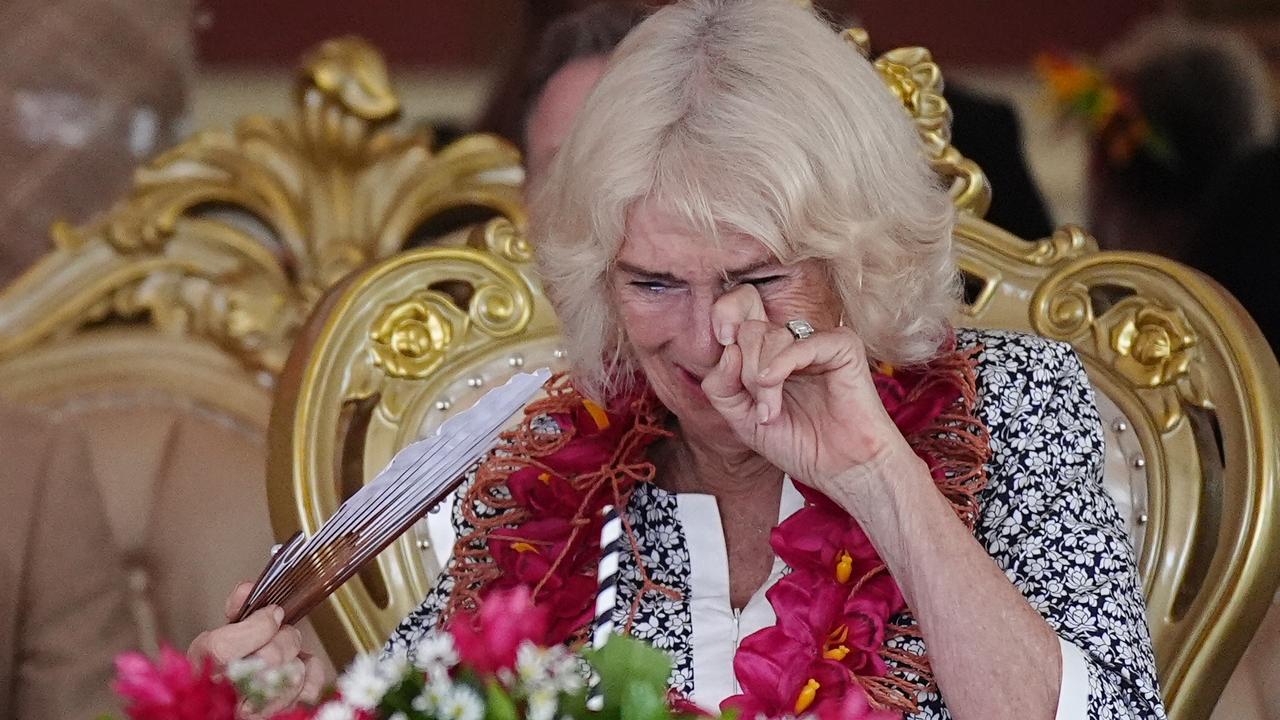 Queen Camilla cries during a farewell ceremony in Samoa. Picture: Aaron Chown – Pool/Getty Images