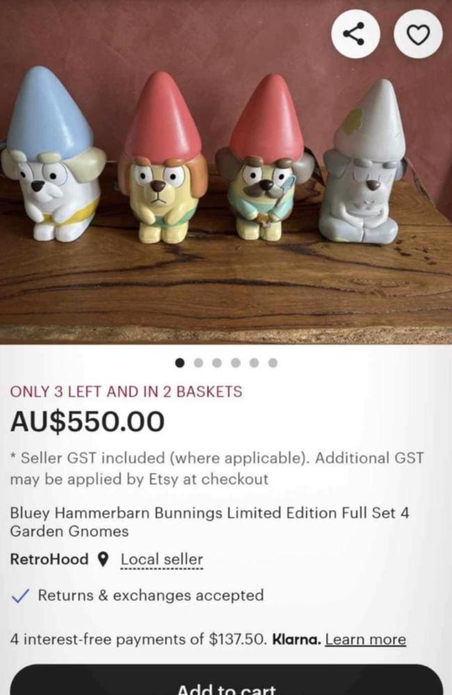 A set of Bluey gnomes being sold on Etsy. Picture: Supplied