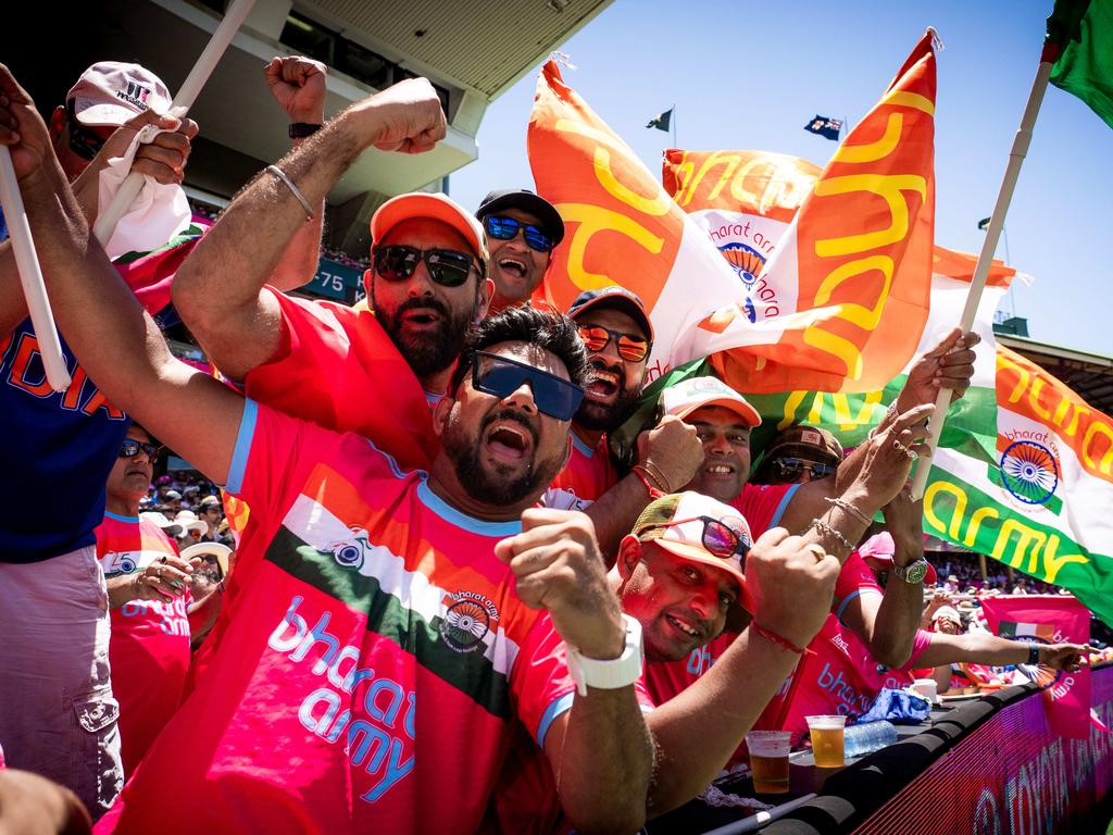 The Bharat Army Indian fans celebrate a wicket on the third day of the Pink Test. Picture: Tom Parrish