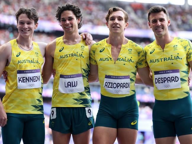 PARIS, FRANCE - AUGUST 08: Lachland Kennedy, Calab Law, Joshua Azzopardi and Jacob Despard of Team Australia pose for a photo prior to the Men's 4 x 100m Relay on day thirteen of the Olympic Games Paris 2024 at Stade de France on August 08, 2024 in Paris, France. (Photo by Hannah Peters/Getty Images)