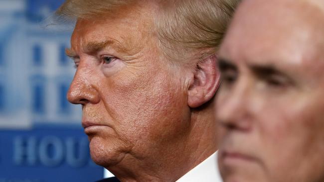 President Donald Trump and Vice President Mike Pence during a coronavirus briefing at the White House. Picture: AP