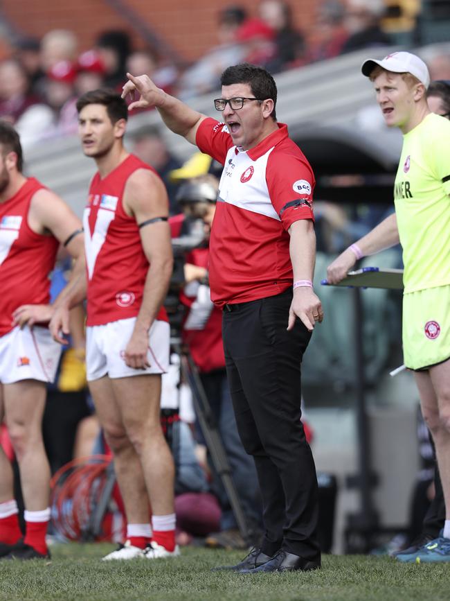 North Adelaide coach Josh Carr on the boundary line during Sunday’s game. Picture: Sarah Reed