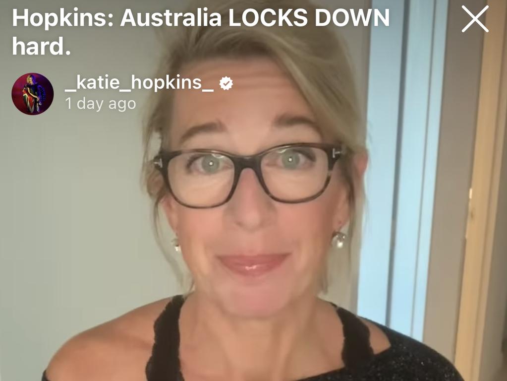 Katie Hopkins took to Instagram Live to criticise harsh lockdowns as she quarantined in Sydney.