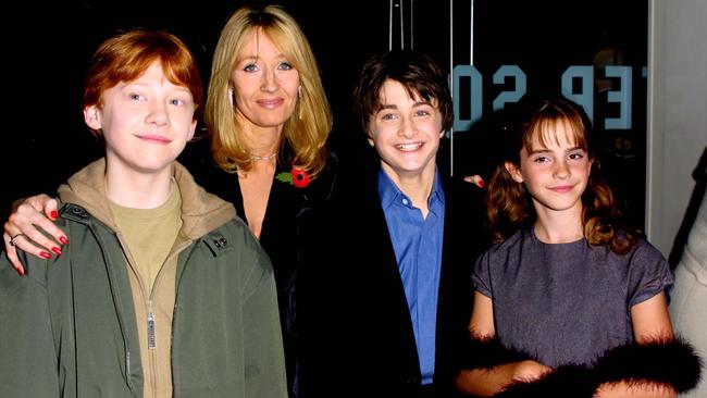 Actors Rupert Grint, Author JK Rowling, Daniel Radcliffe and Emma Watson attend the world premiere of the first Harry Potter film, 'Harry Potter and the Philosopher's Stone' in 2001. Photo by Gareth Davies/Getty Images.