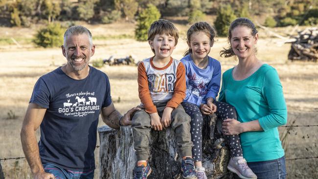 Family affected by fire, Jason, Jack, 5, Cate, 7, and Kristal Gurr of Elderslie. Picture: EDDIE SAFARIK