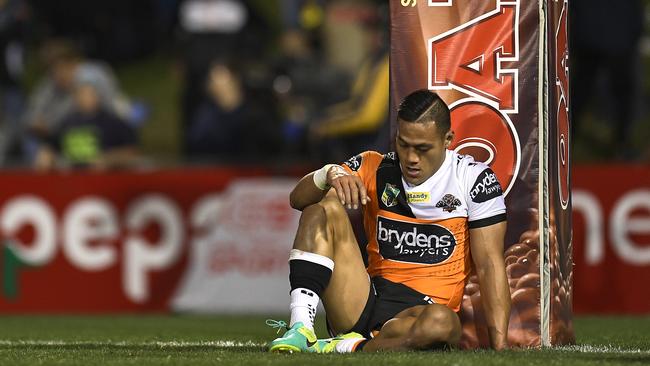 Tim Simona looks dejected after defeat in the round 24 NRL match between the Penrith Panthers and the Wests Tigers.
