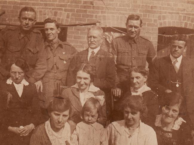 The original image of Carl Gill, Harry Edwards, father John Edwards, Sidney Edwards, Charles Chidgey, Ann Maguire, Annie (Edwards) Chidgey, mother Dorothy (Maguire) Edwards, Daisy Chittick, Bessie Chidgey, Rene Edwards, Myra White. Picture supplied by Patricia Braden, of Liverpool Genealogy Society 