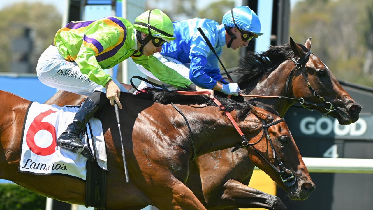 Sword Of Legacy (green silks) was denied in a photo finish by Inkaruna in the Chairman’s Stakes. Picture: Vince Caligiuri/Getty Images