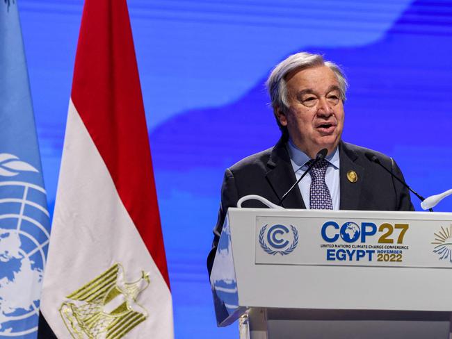 United Nations Secretary General Antonio Gutteres delivers a speech at an event launch for the climate TRACE initiative -- a greenhouse gases inventory of the largest facility-level sources -- during the COP27 climate conference at the Sharm el-Sheikh International Convention Centre, in Egypt's Red Sea resort city of the same name, on November 9, 2022. (Photo by Joseph EID / AFP)