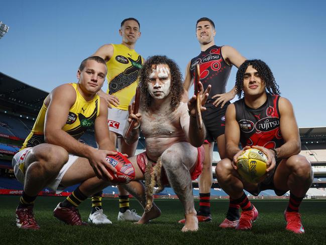 Richmond’s Sam Lalor and Rhyan Mansell with Jade Gresham and Isaac Kako ahead of Dreamtime at the ‘G. Picture: Michael Klein