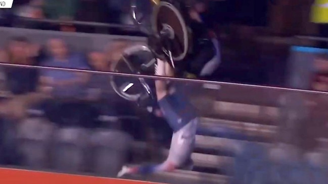 Katy Marchant and Alessa-Catriona Propster go over the barrier around the velodrome and into the crowd. Picture: YouTube